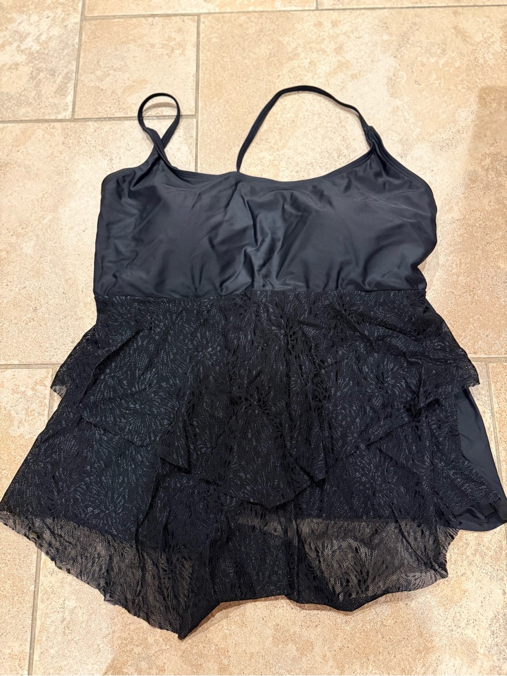 Black Tiered Lace Tankini Top